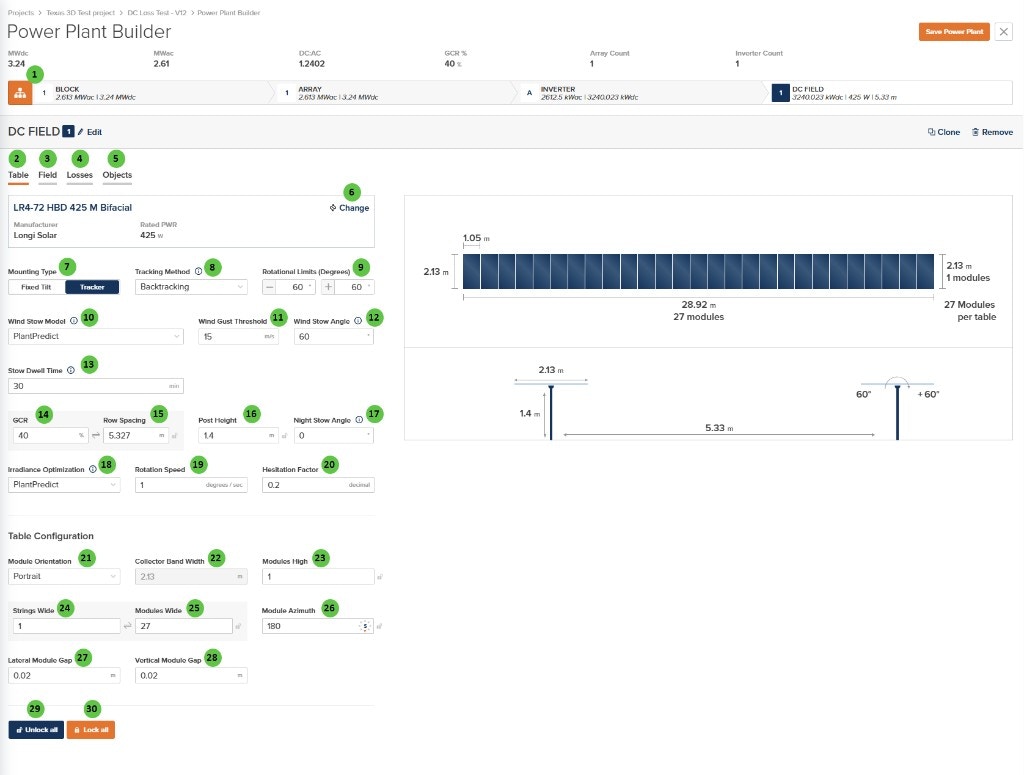 DC Field Table tab showing PlantPredict wind stow, Wind Gust Threshold, Wind Stow Angle, and Stow Dwell Time in minutes
