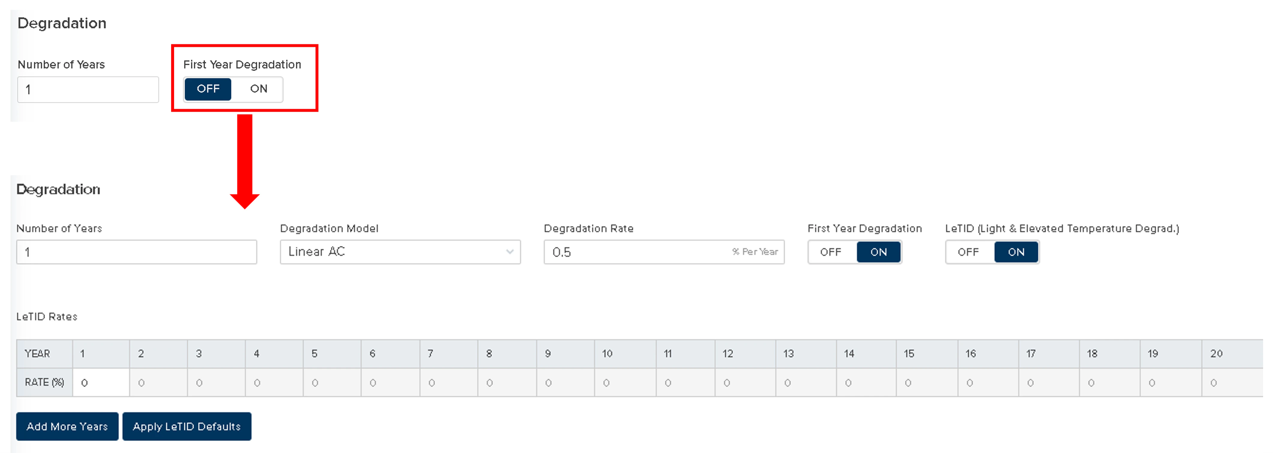 Updated Model Choices degradation UI showing First-Year Degradation controls available for single-year predictions
