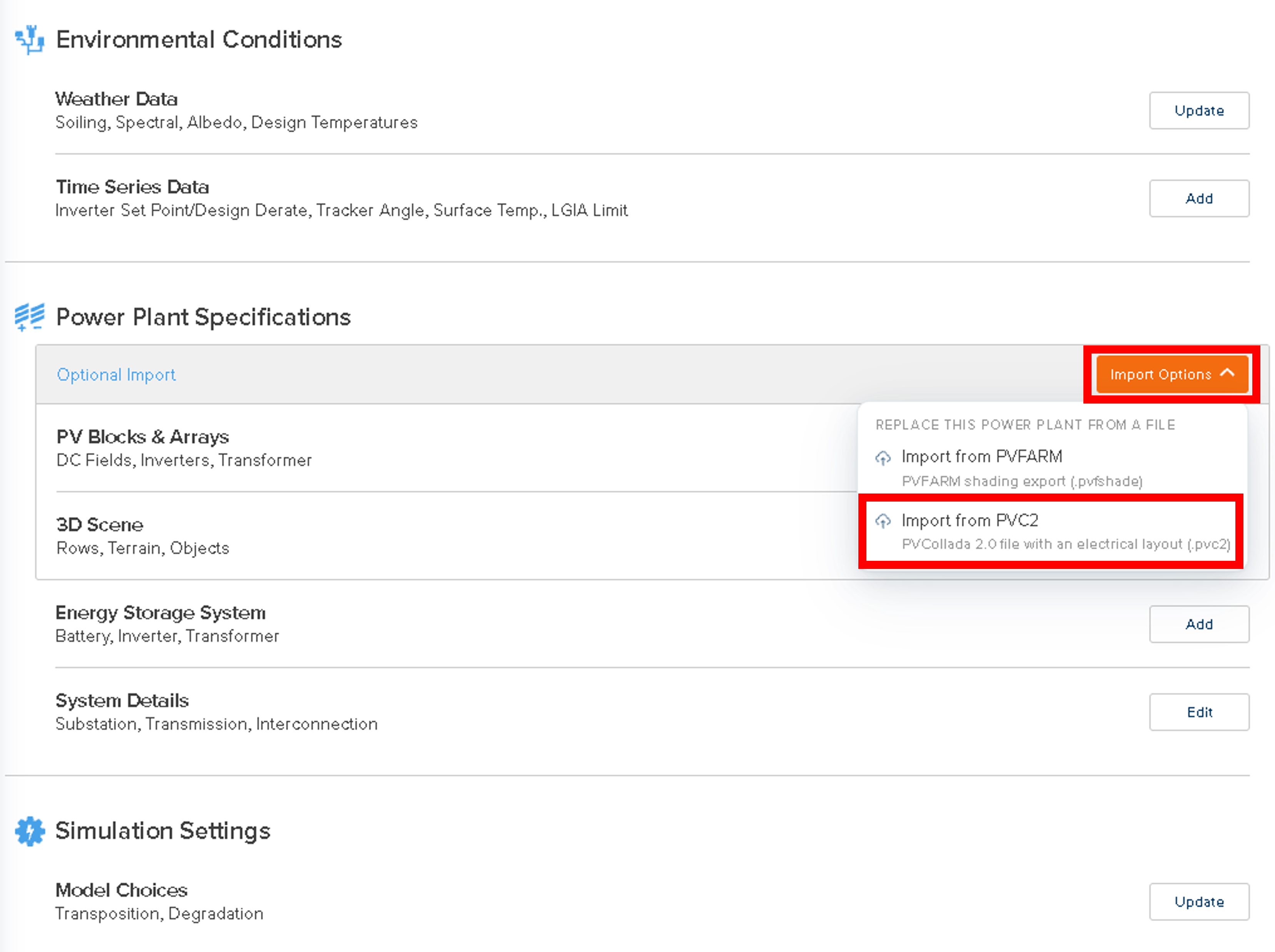 Import Options menu open under Power Plant Specifications, showing Import from PVFARM and Import from PVC2