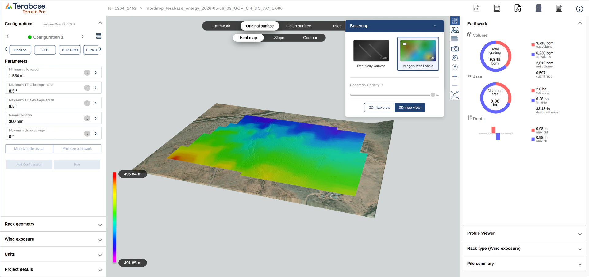 Terrain Pro 3D elevation view showing a heat-mapped original surface over satellite imagery, with the basemap layer panel open on the right side of the map