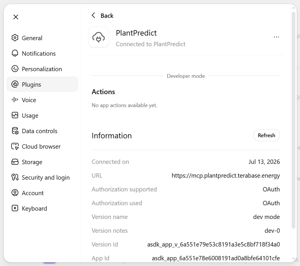 The PlantPredict connector connected and enabled in ChatGPT