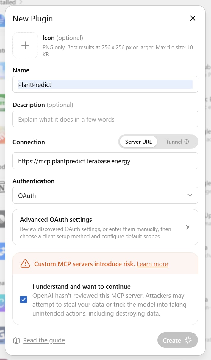 The custom connector form with the name and MCP server URL filled in