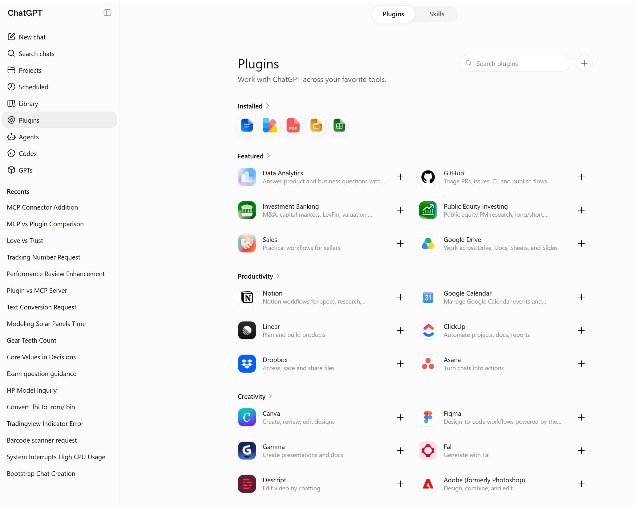 The Plugins section in ChatGPT settings