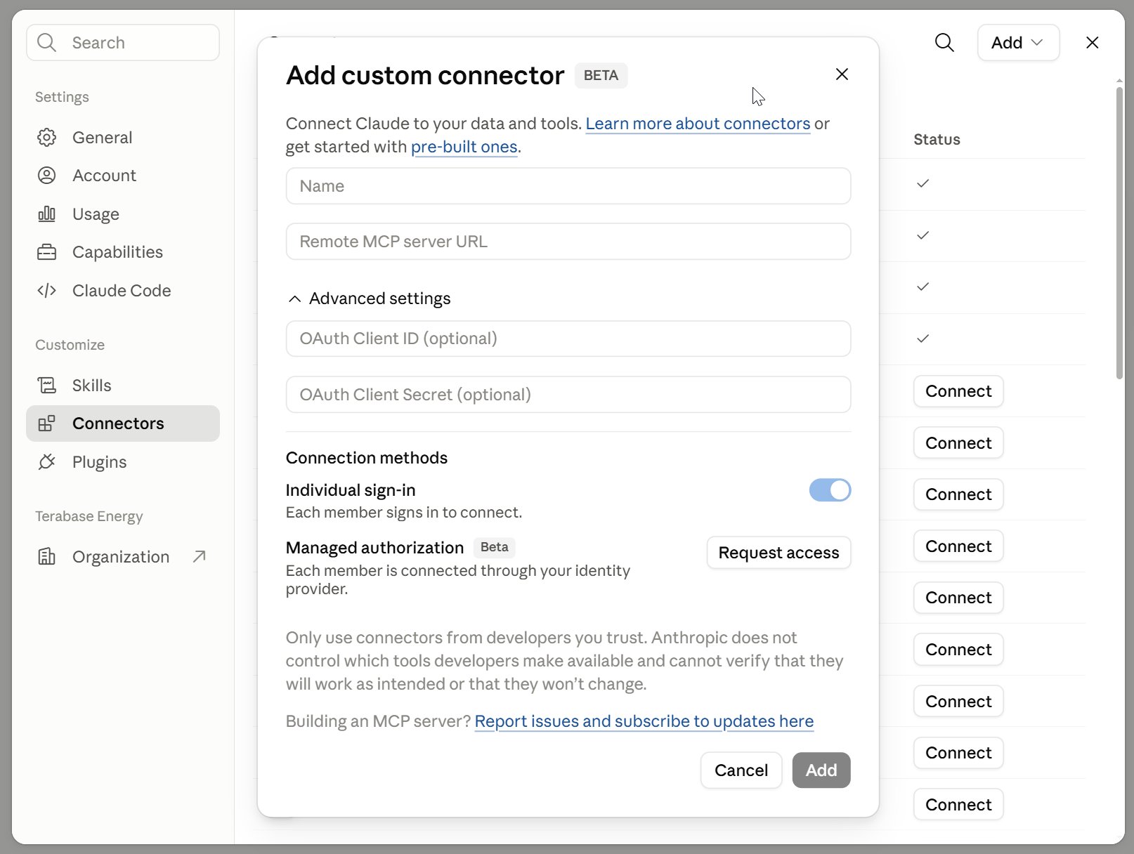 The Add custom connector option in Claude's connector settings