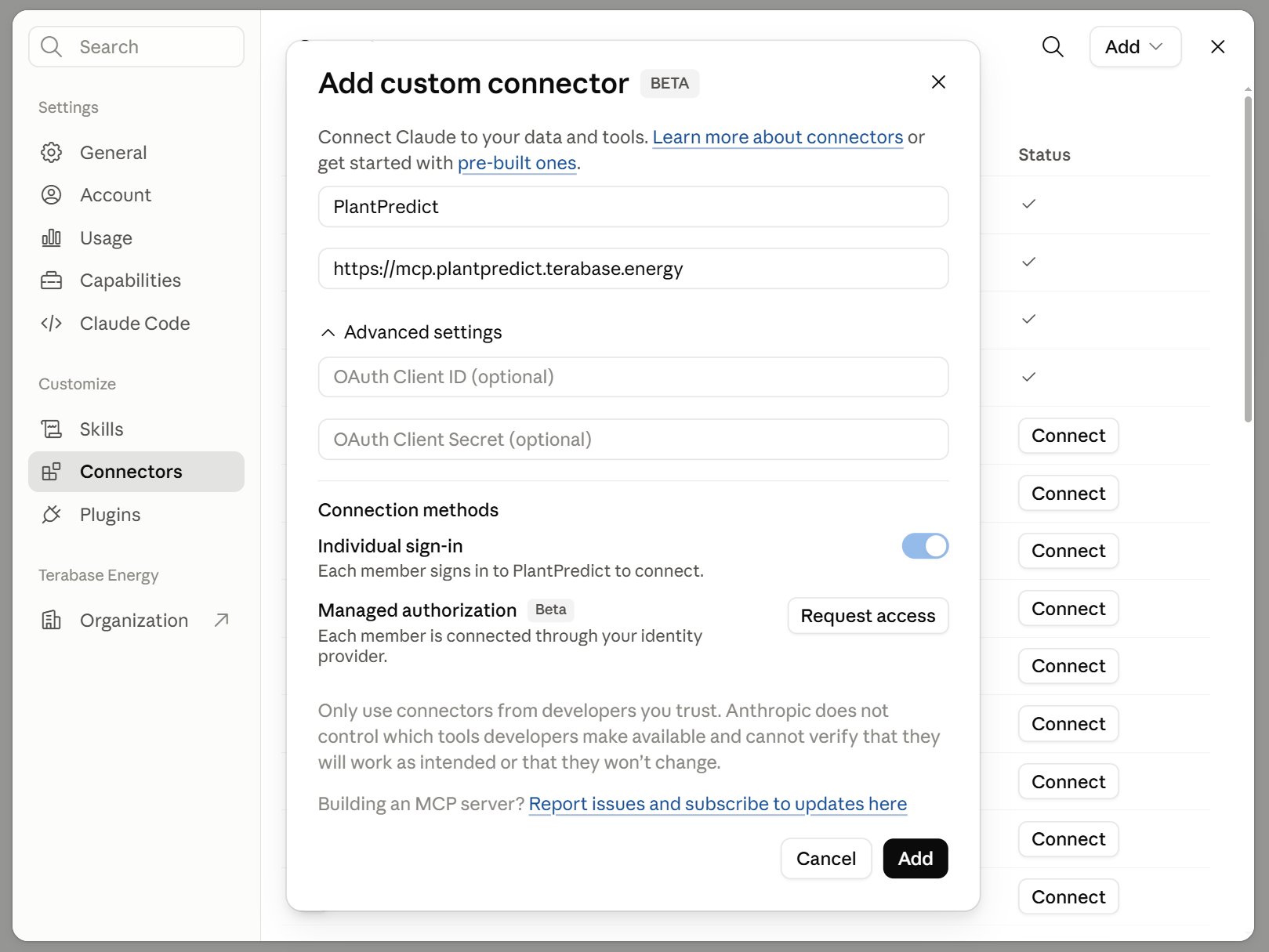 The Add custom connector dialog with the name and connector address filled in