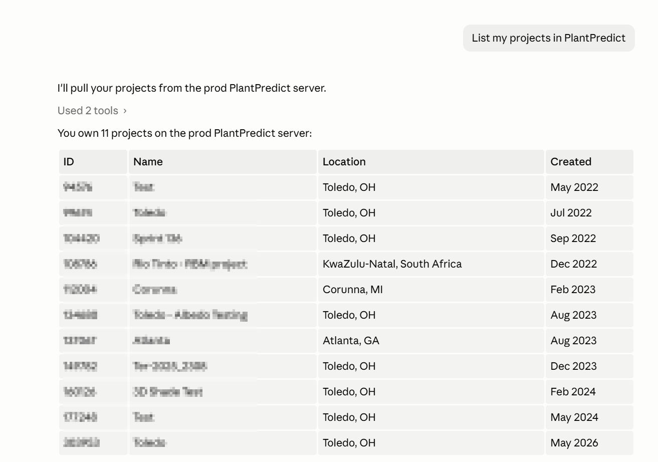 A new Claude conversation using a PlantPredict tool and returning results