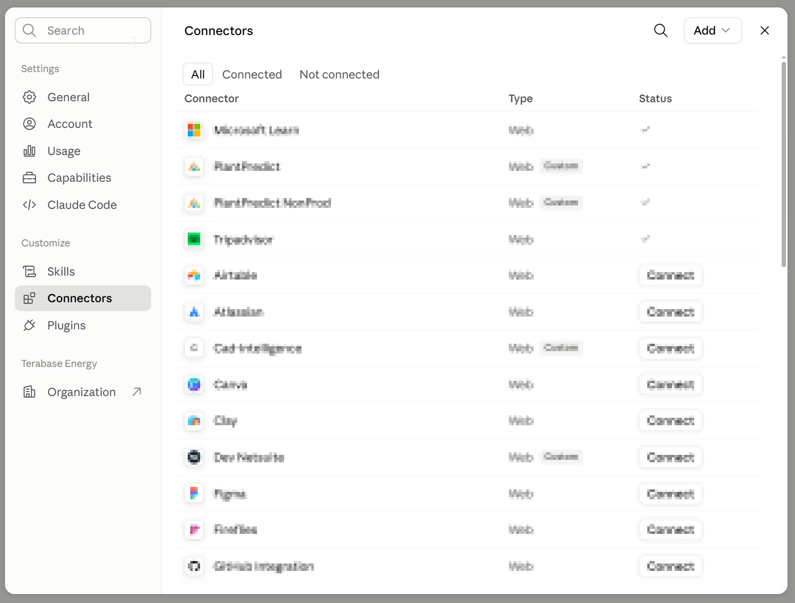 Claude Settings with the Connectors section open