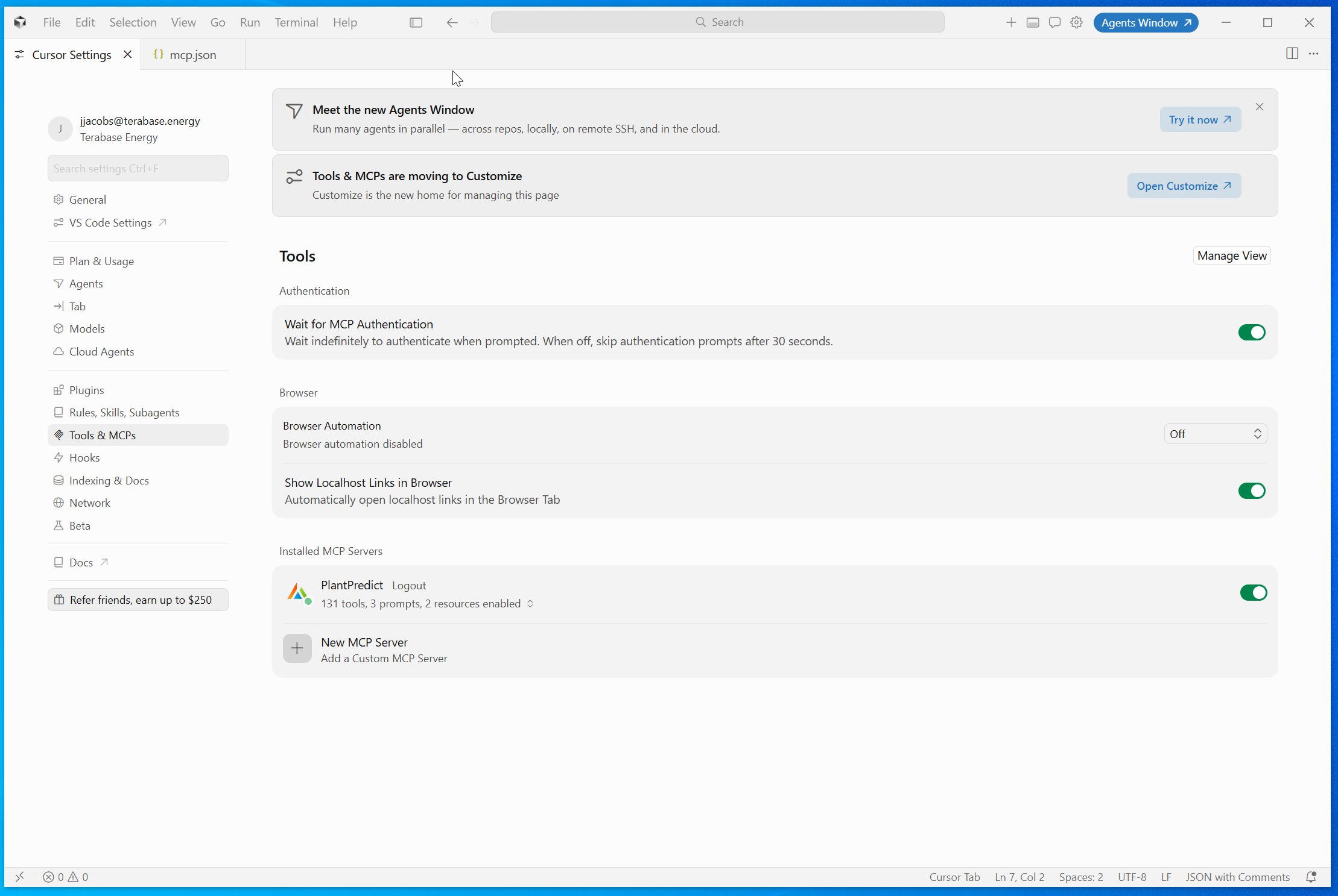 The PlantPredict server connected and enabled in Cursor, with its tools listed