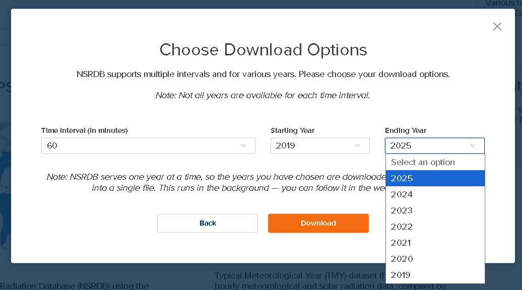 NSRDB download options dialog with Time Interval, Starting Year, and Ending Year selectors