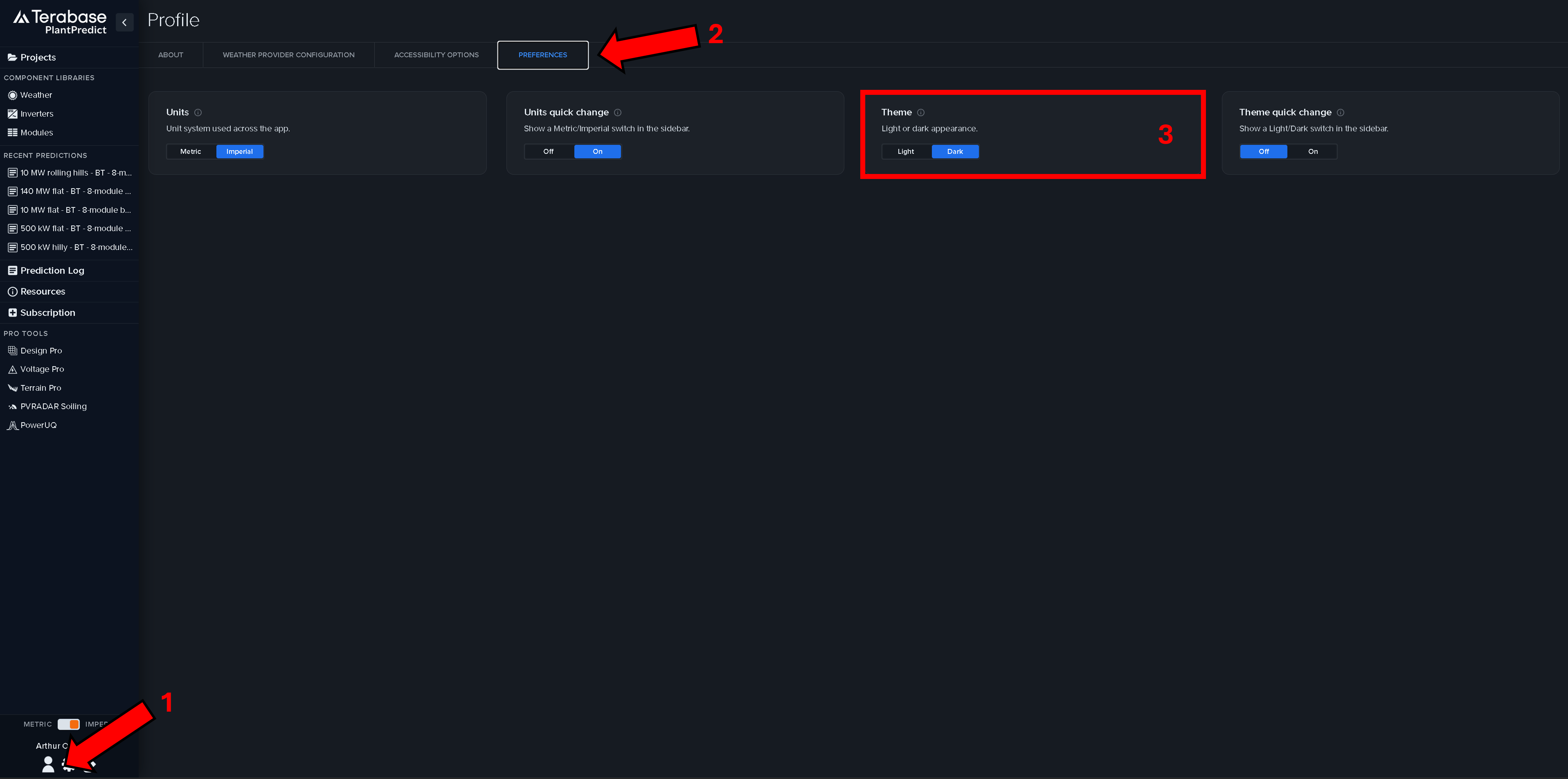 PlantPredict interface shown in the new Dark Mode theme