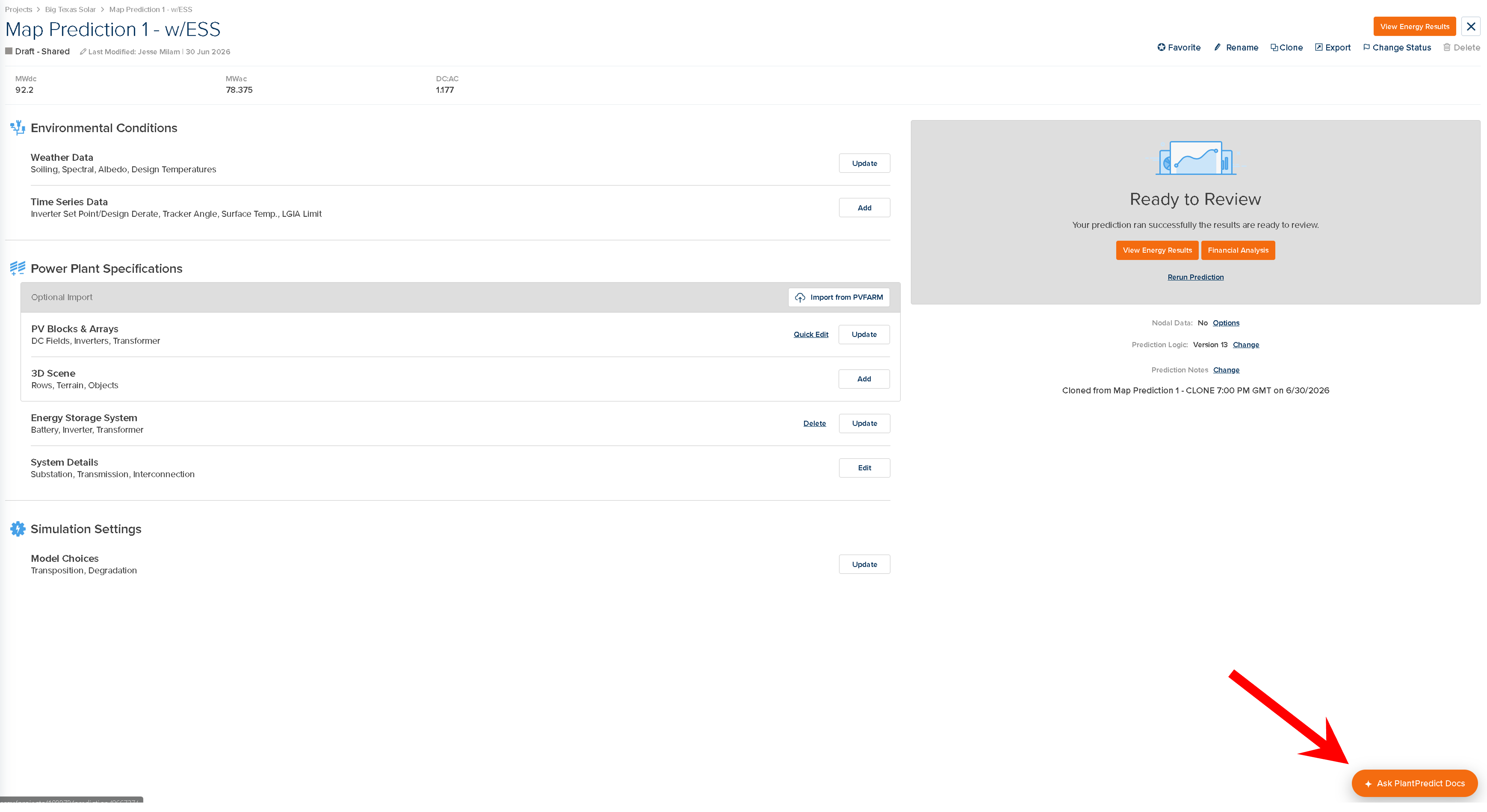 Ask PlantPredict Docs button on a prediction page