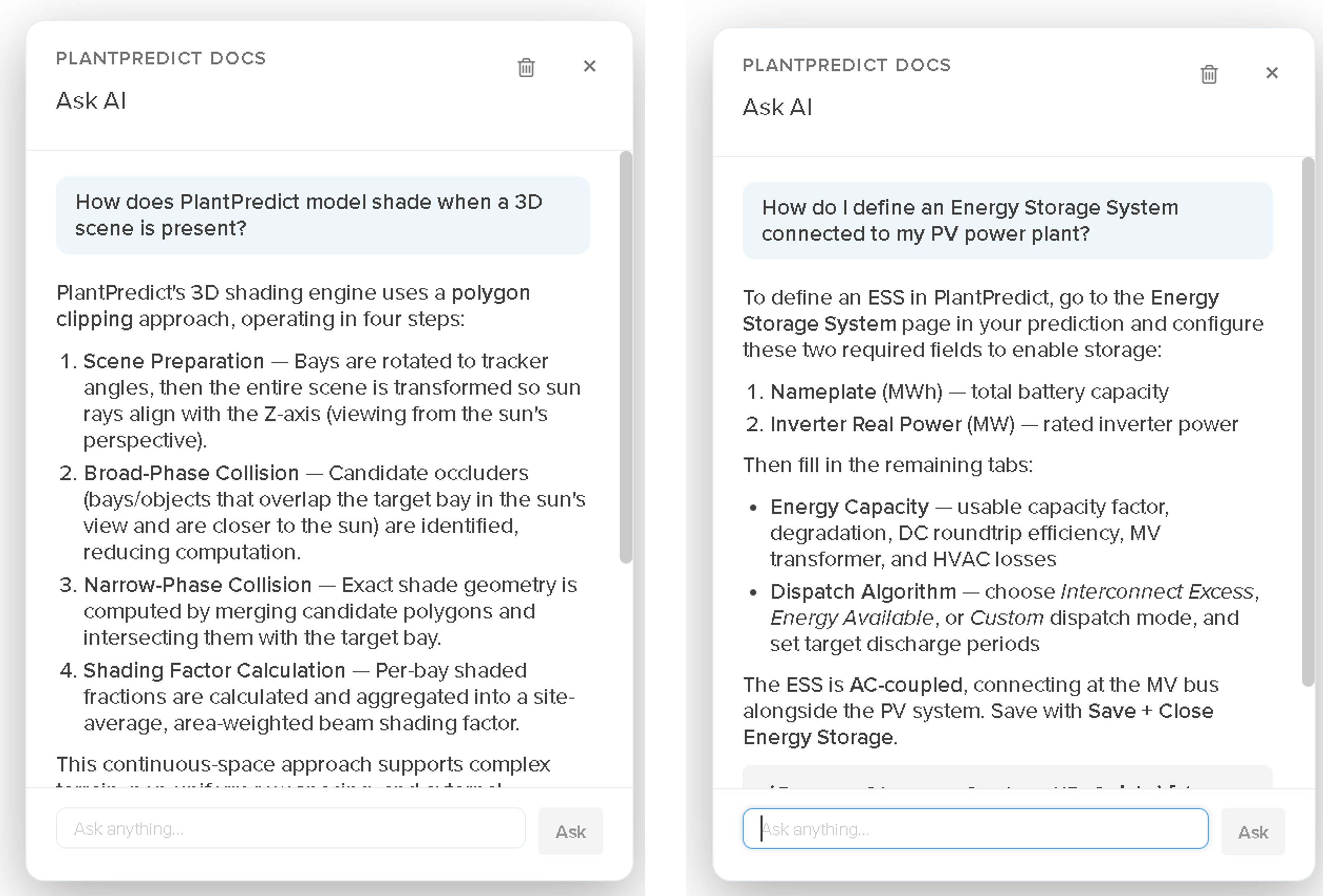 Two example answers in the Ask AI panel