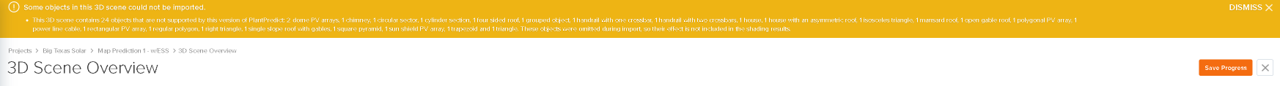 Banner listing the objects that could not be imported into the 3D scene