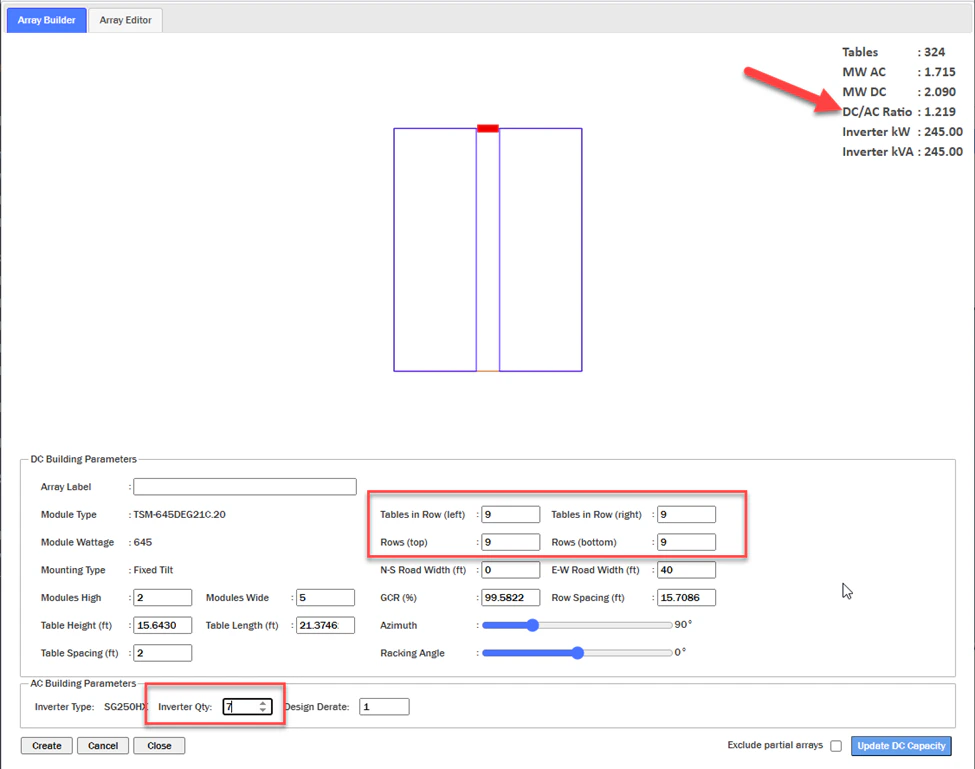 Custom Array Editor with tables, rows, and inverter quantity