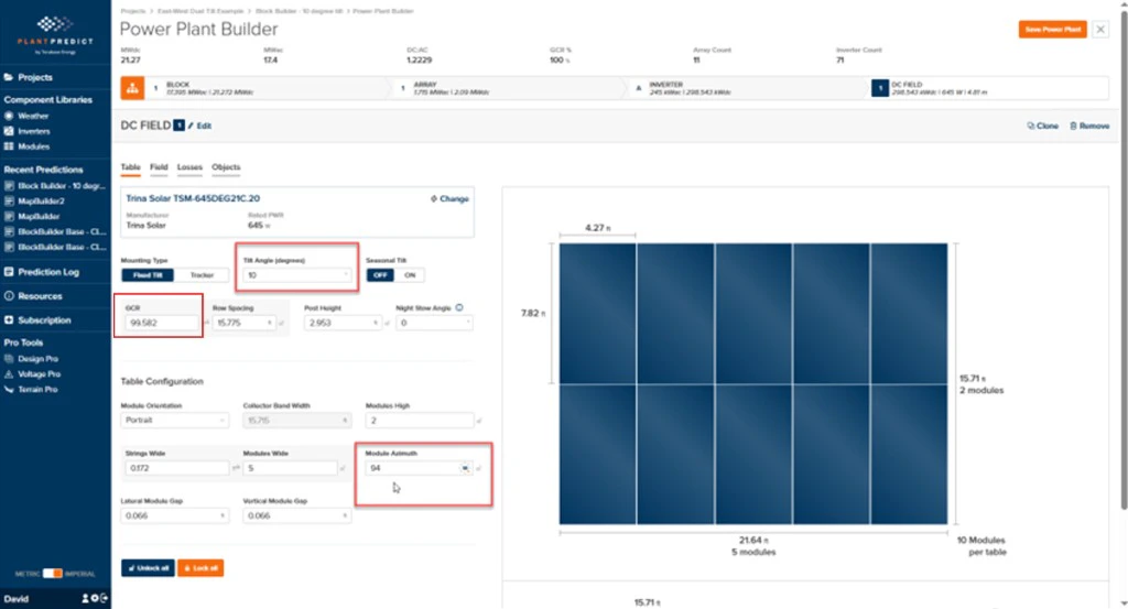 East-facing DC Field Table tab settings
