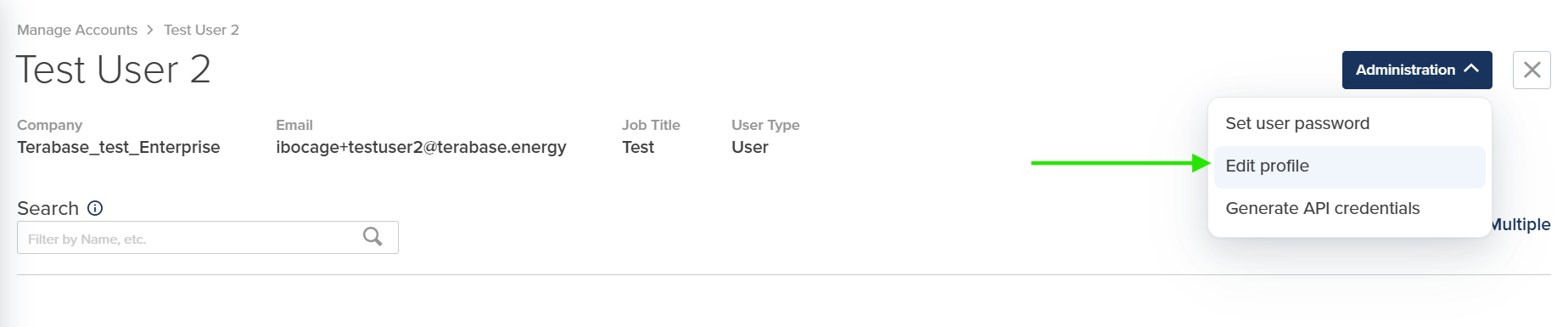 Edit profile in the Administration menu