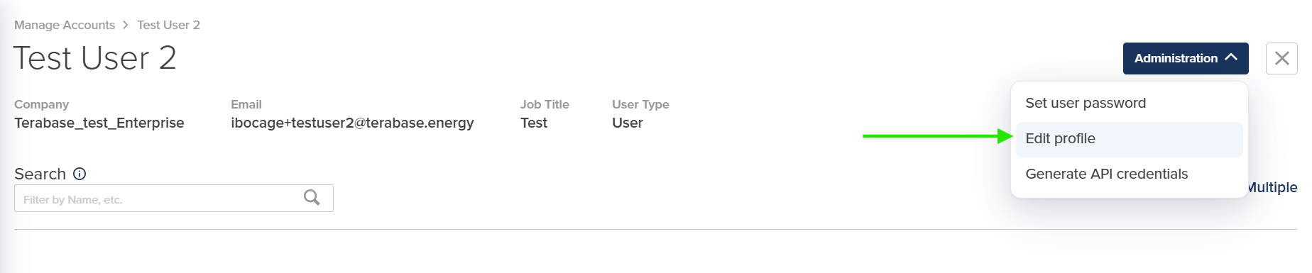 Edit profile in the Administration menu