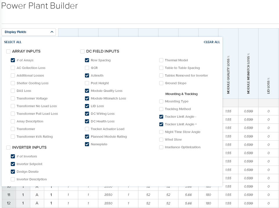The Display Fields menu open in the Power Plant Builder, showing array, inverter, and DC field input groups