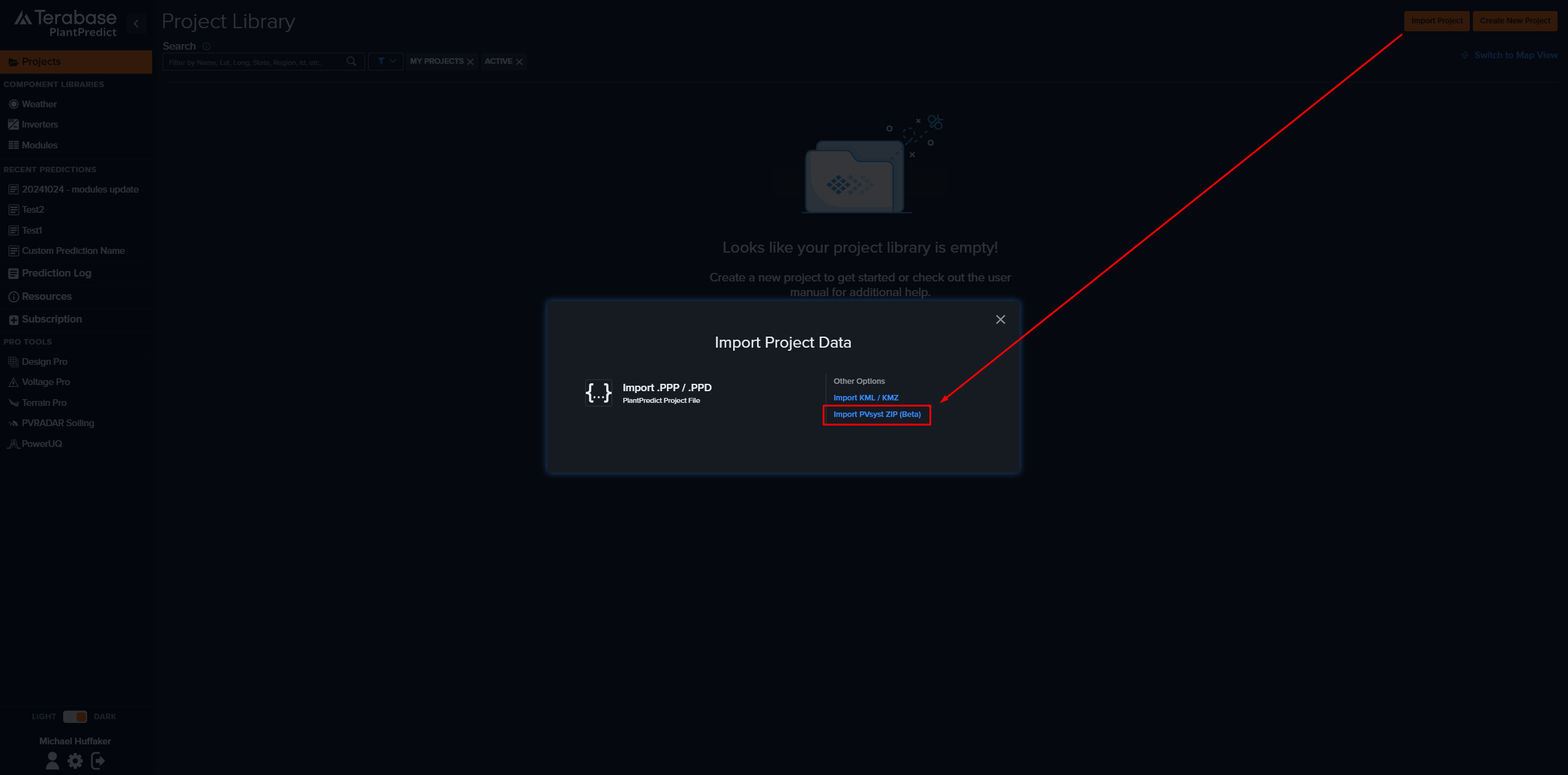 Import Project dialog with Import PVsyst ZIP (Beta) option highlighted