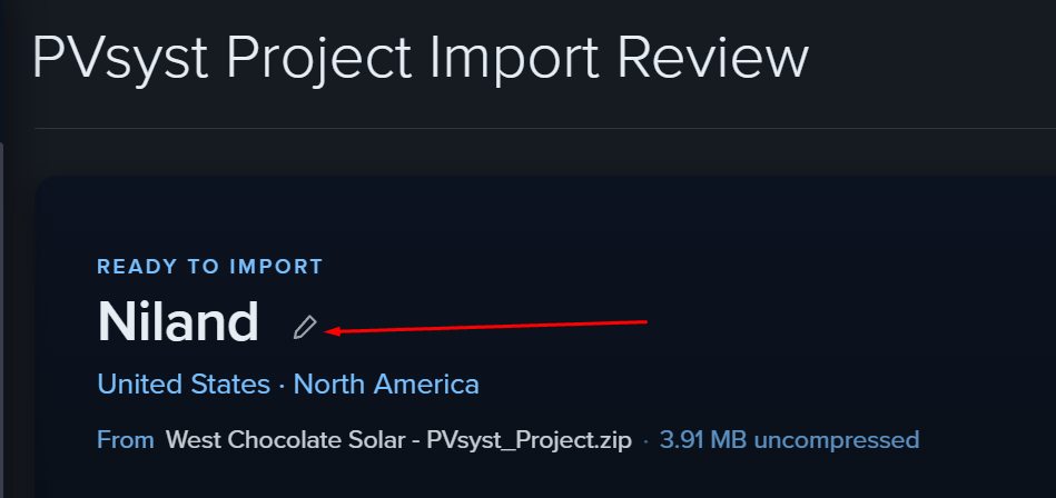 Pencil edit icon next to the imported project name