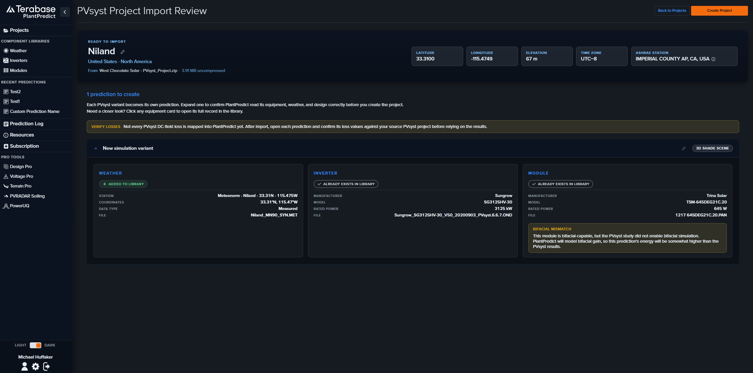 PVsyst Project Import Review screen with a variant expanded