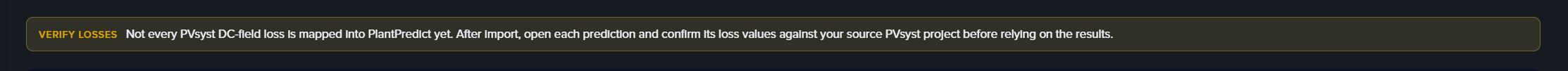 Verify losses banner on the PVsyst import review screen