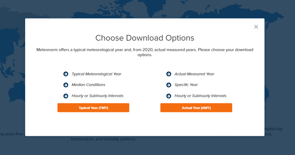 Meteonorm download options dialog with Typical Year and Actual Year choices