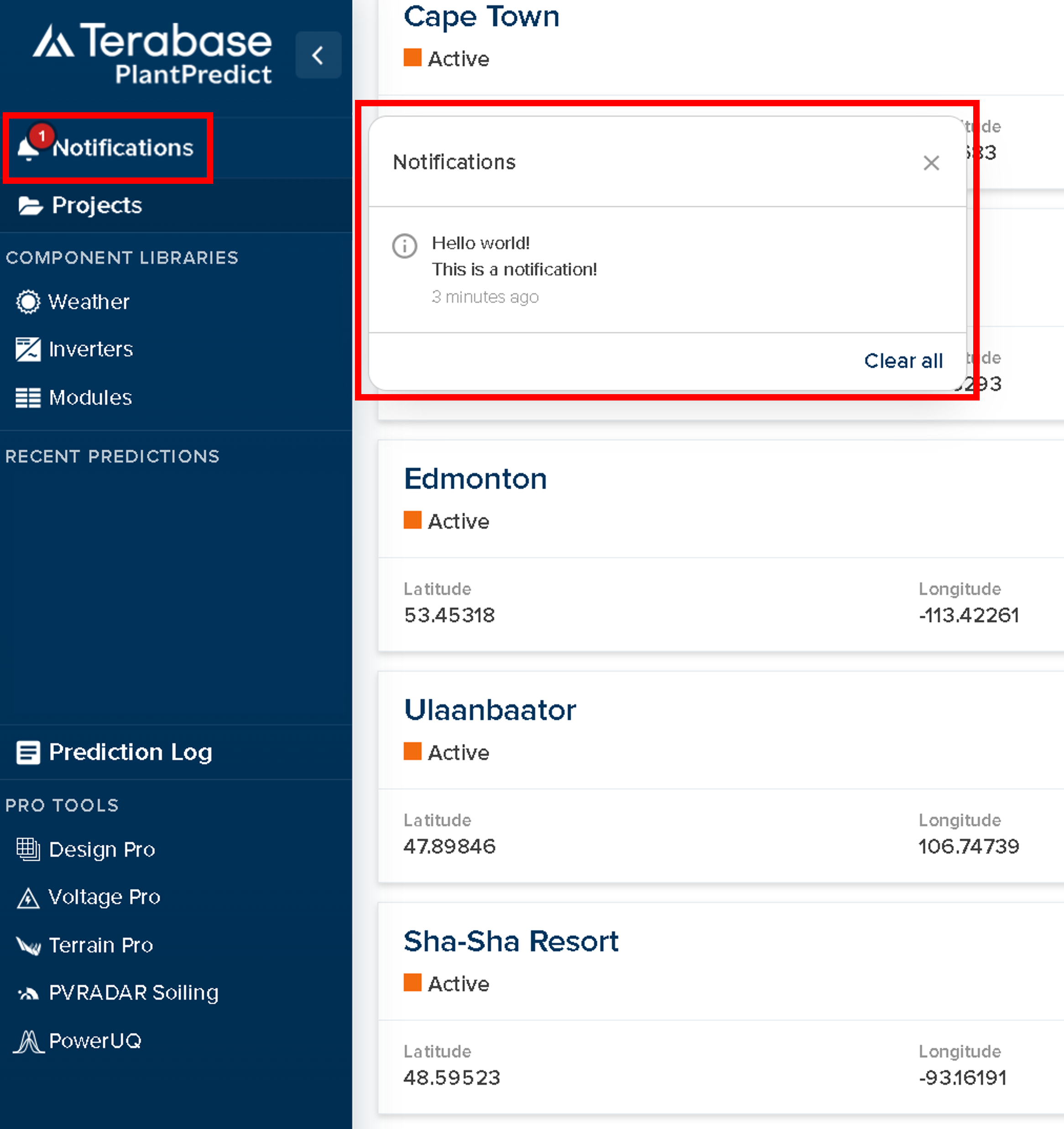 Notifications panel open from the navigation sidebar, showing one unread message and a Clear all action