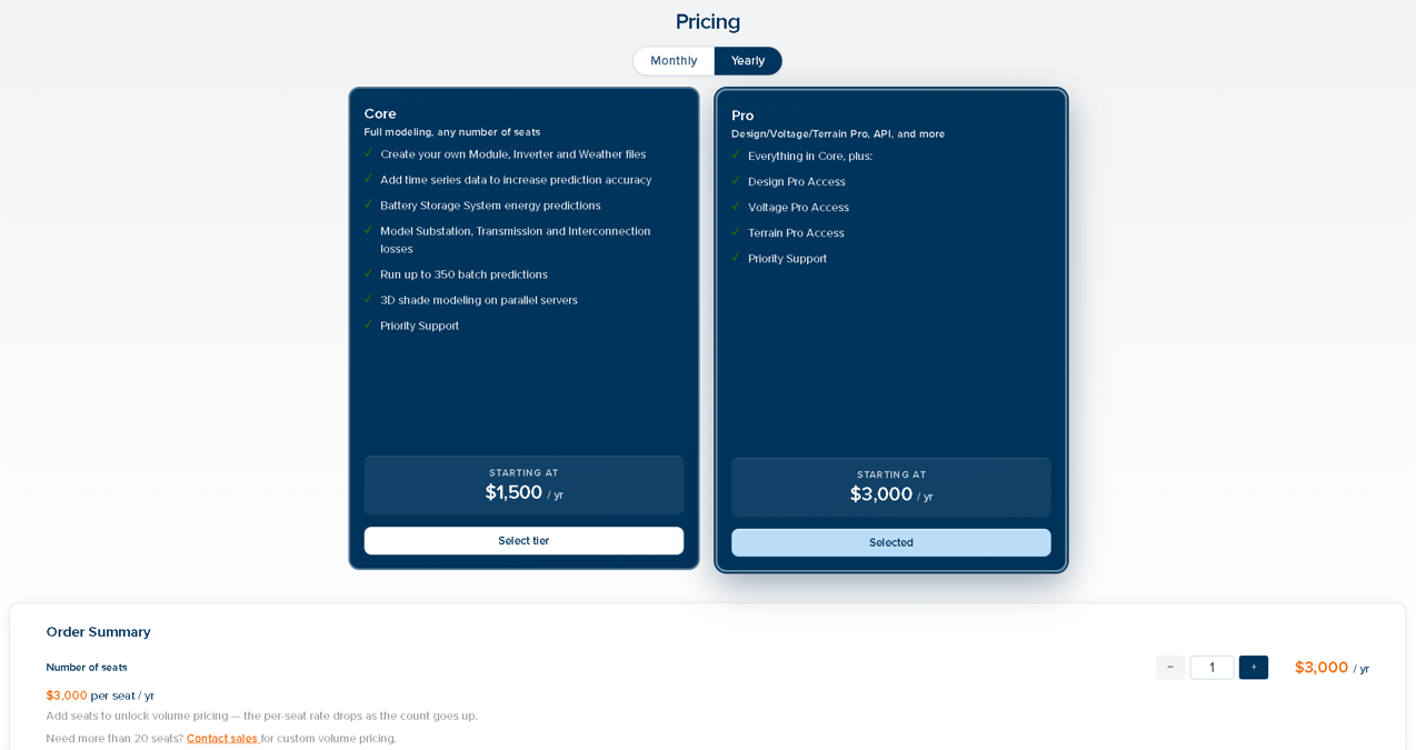 Pricing page with the Pro tier selected and an order summary of one seat