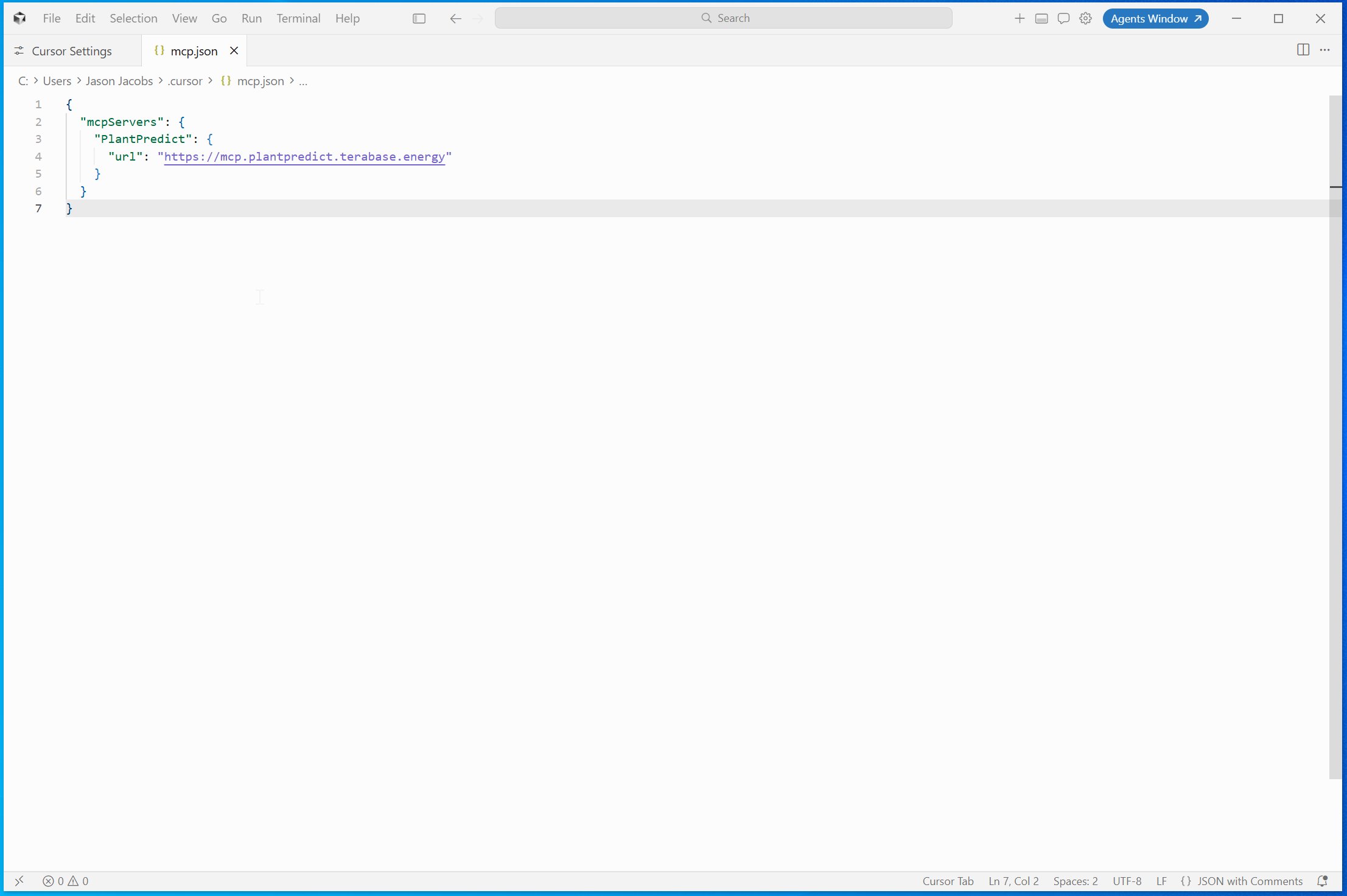 The PlantPredict entry added to mcp.json