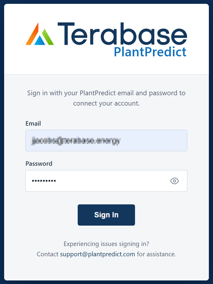 The PlantPredict sign-in window opened during connector setup