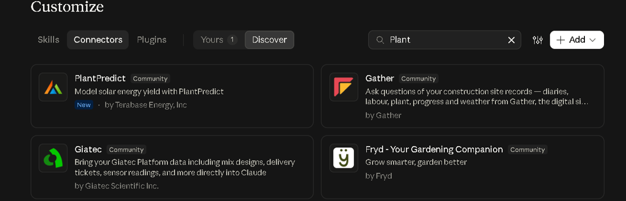 The PlantPredict connector listed in the Claude connectors directory