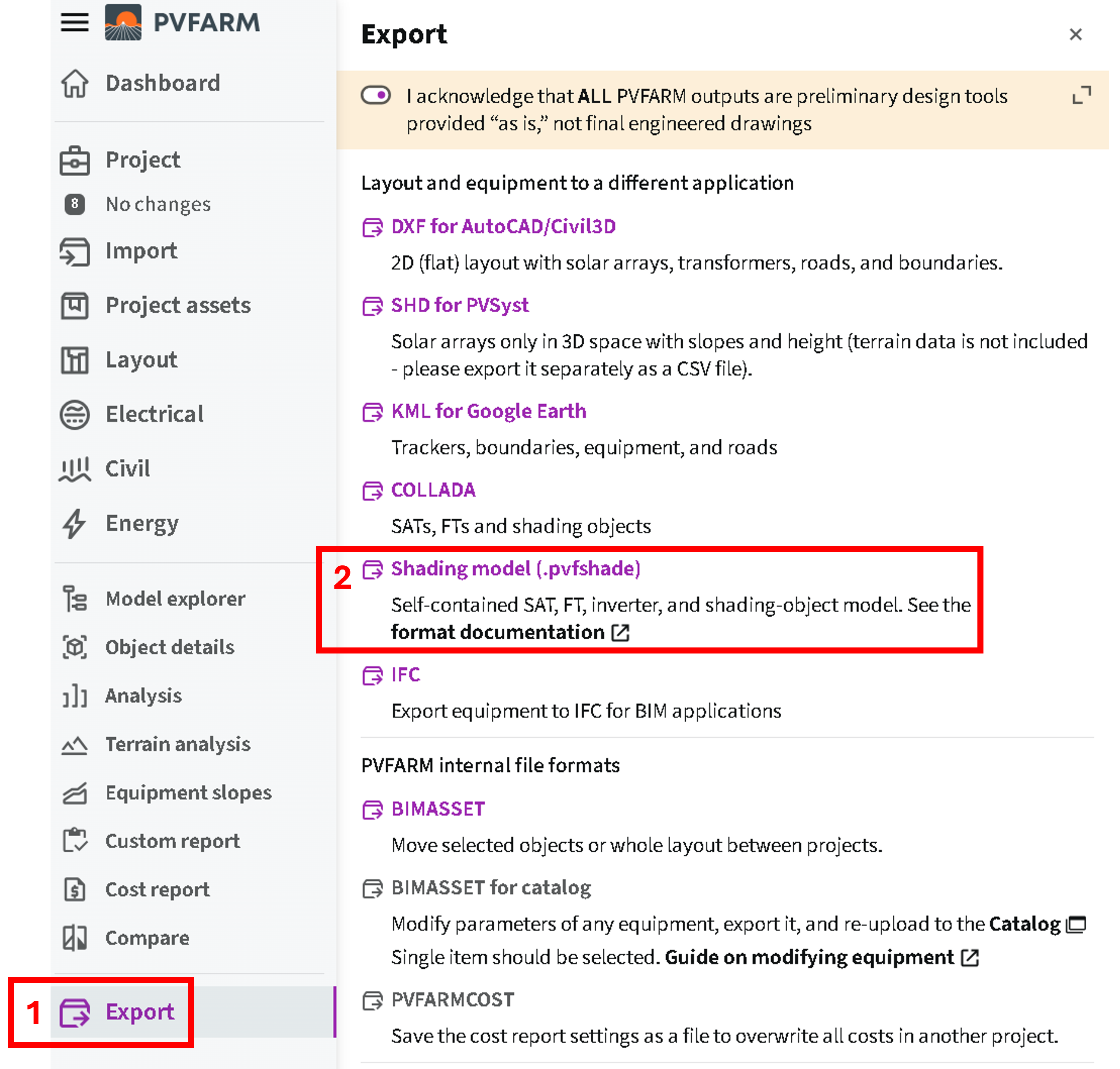 PVFARM Export menu with the Shading model option highlighted