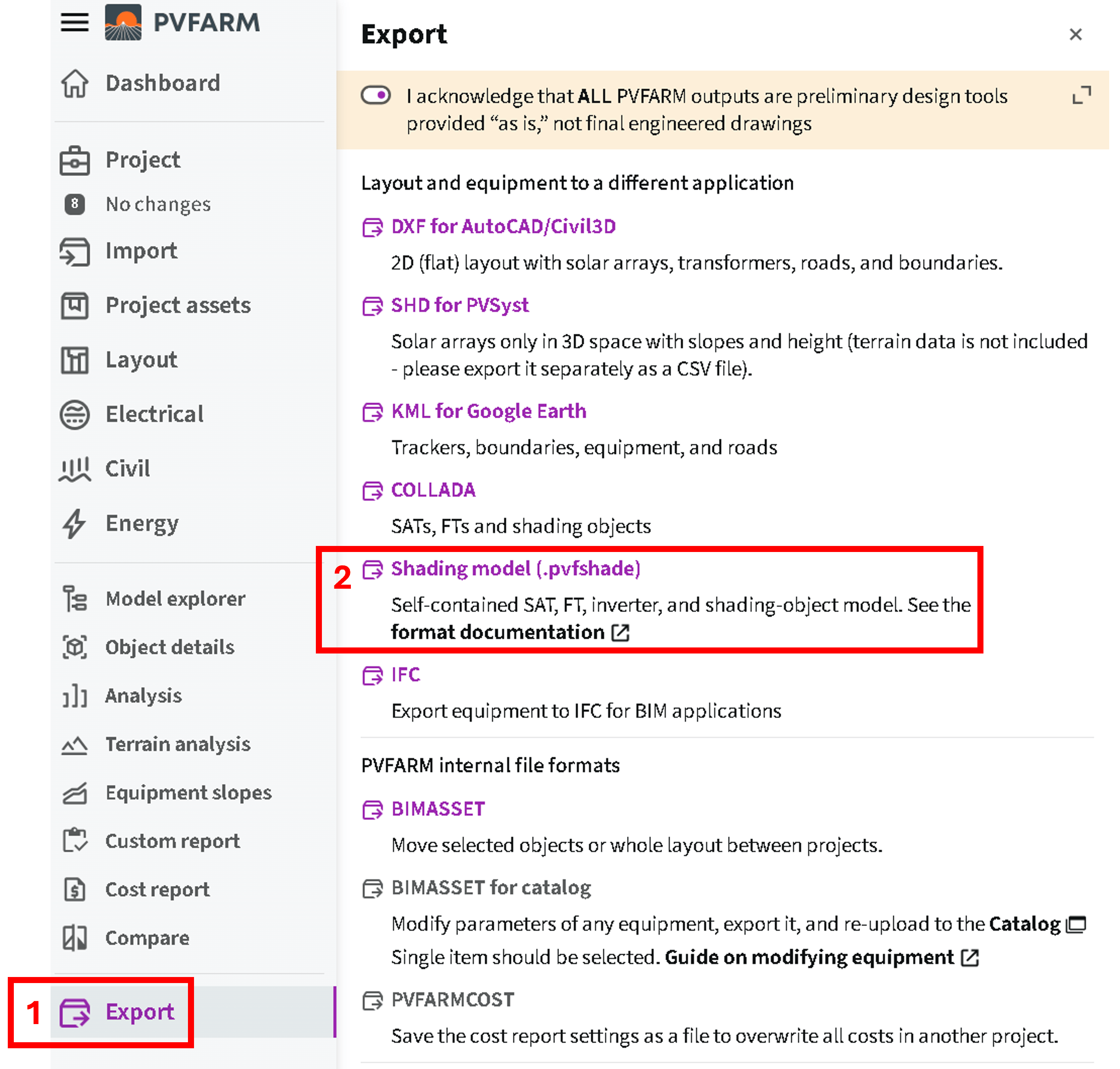 PVFARM Export menu with the Shading model option highlighted