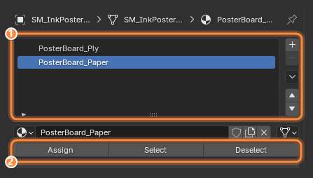 Blender material properties showing two slots and the Assign button