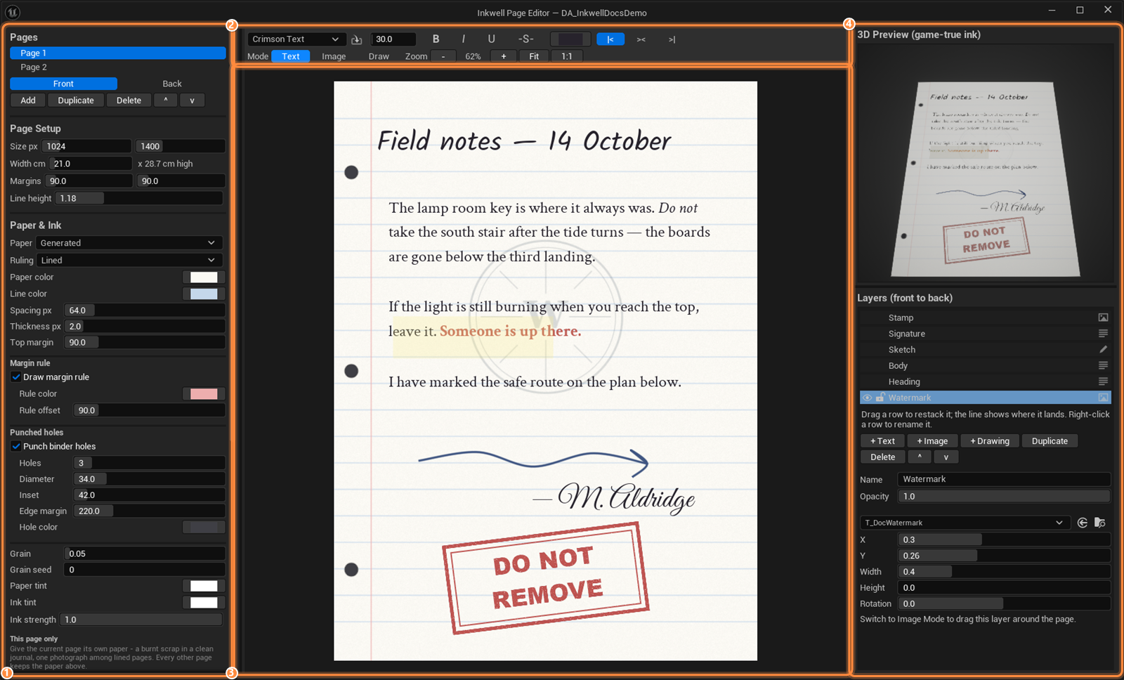 The Inkwell Page Editor window with its left panel, toolbar, page surface and right panel