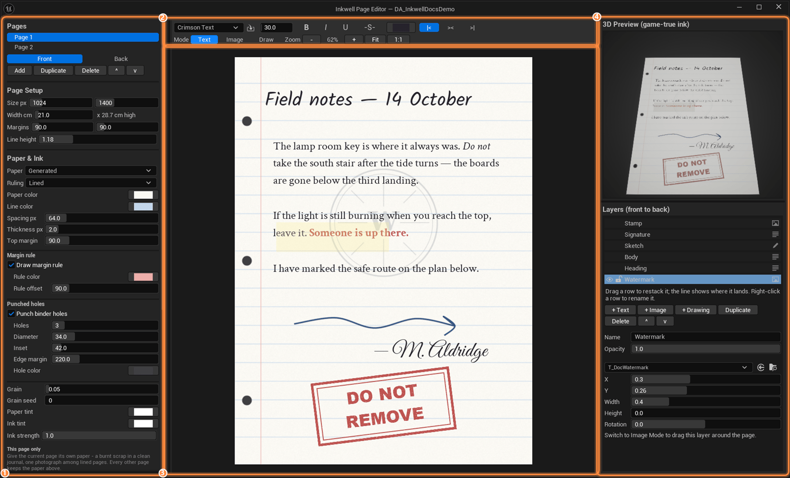 The Inkwell Page Editor window with its left panel, toolbar, page surface and right panel