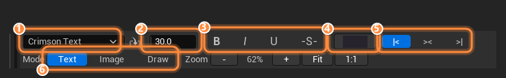 The Page Editor toolbar: font family, import, size, bold, italic, underline, strikethrough, color, justification, mode toggles and zoom