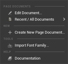 The Inkwell menu: Edit Document, Recent / All Documents, Create New Page Document, Import Font Family, Documentation