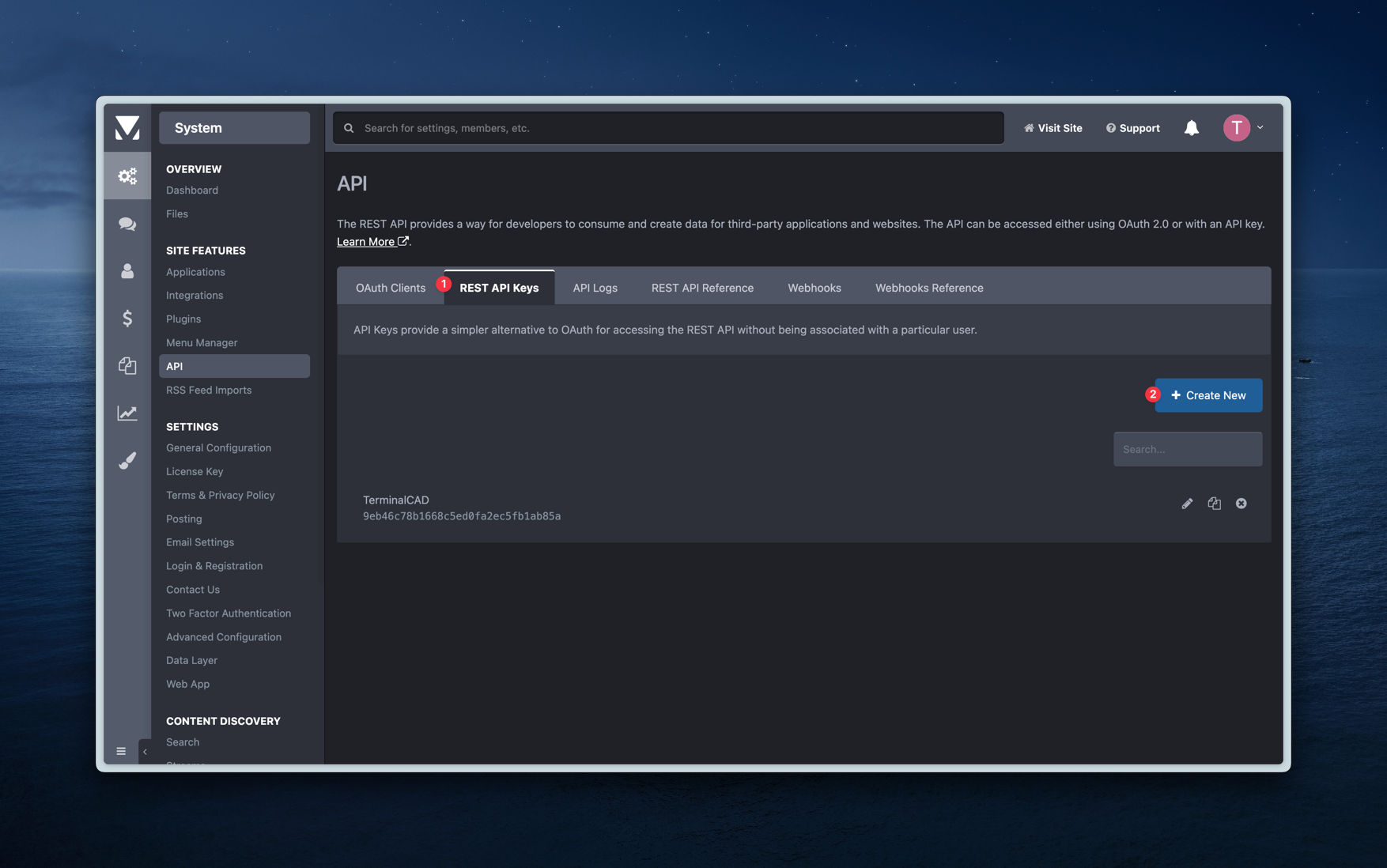 Screenshot of REST API Keys, then click Create New