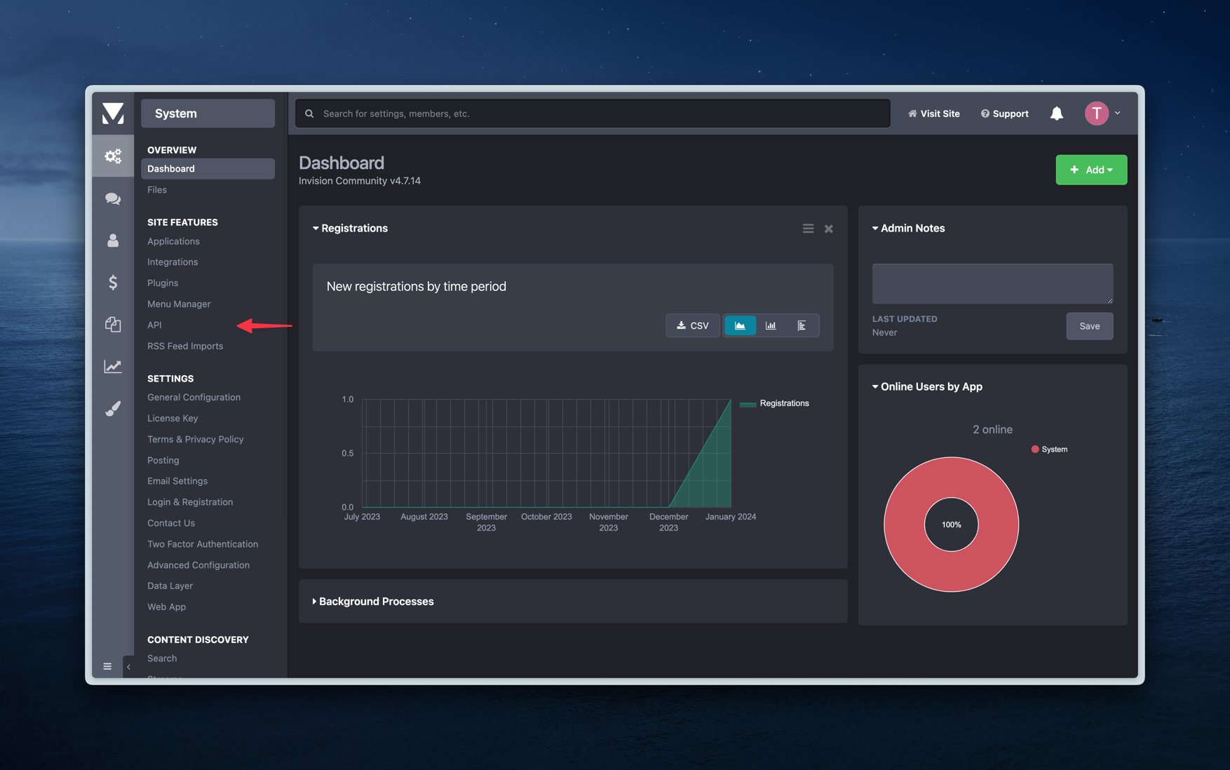 Screenshot of System > API