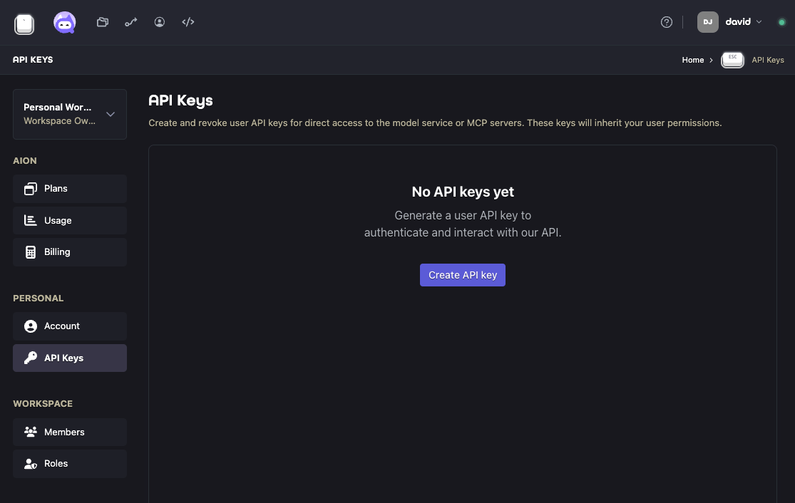 Aion API Keys page
