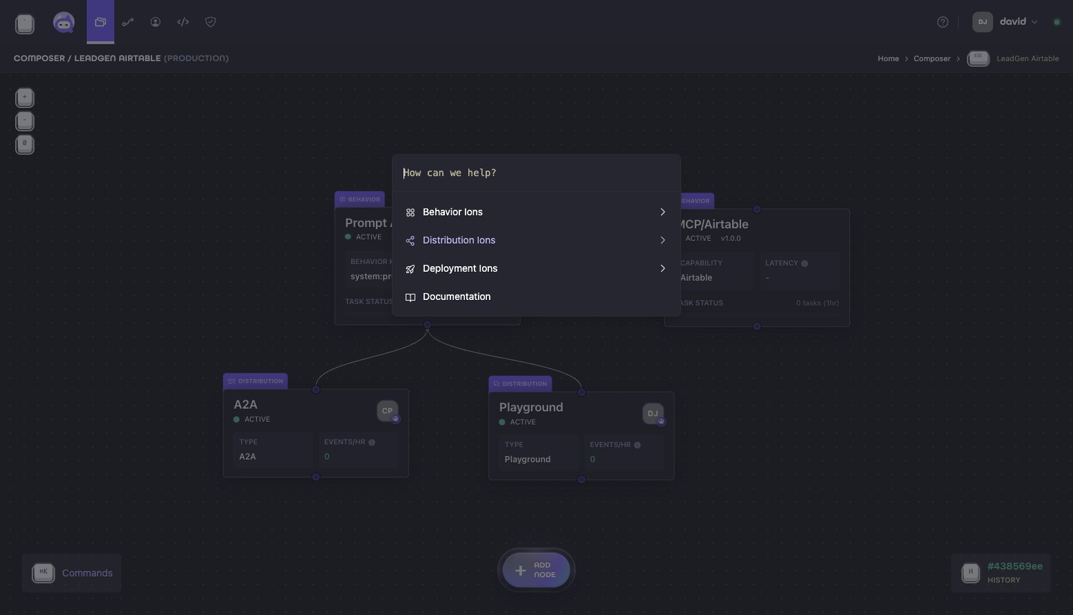 Composer menu for adding Behavior, Distribution, and Deployment Ions