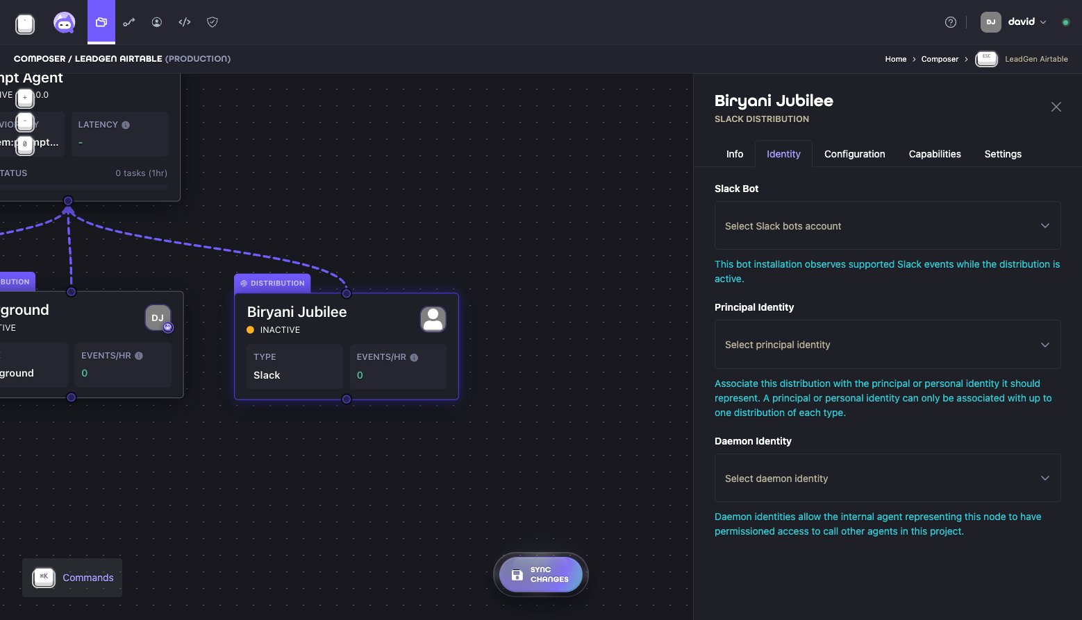 Identity settings for a Slack Distribution Ion in Composer