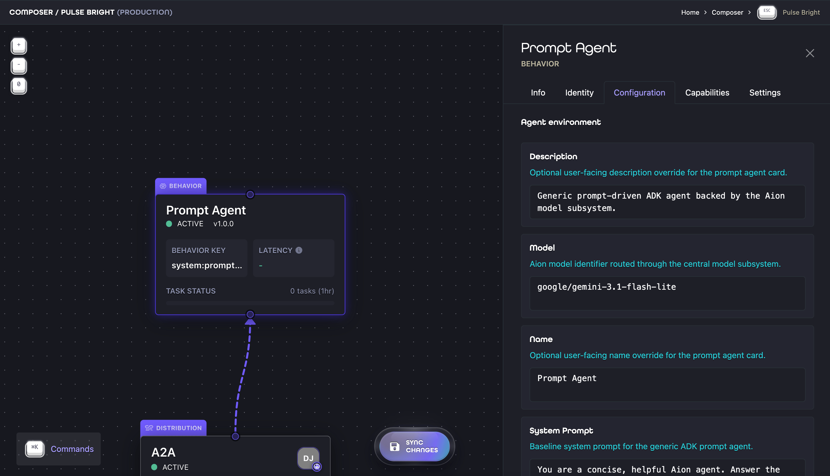 Configuration tab for a Prompt Agent Behavior Ion showing implementation-specific model and prompt fields