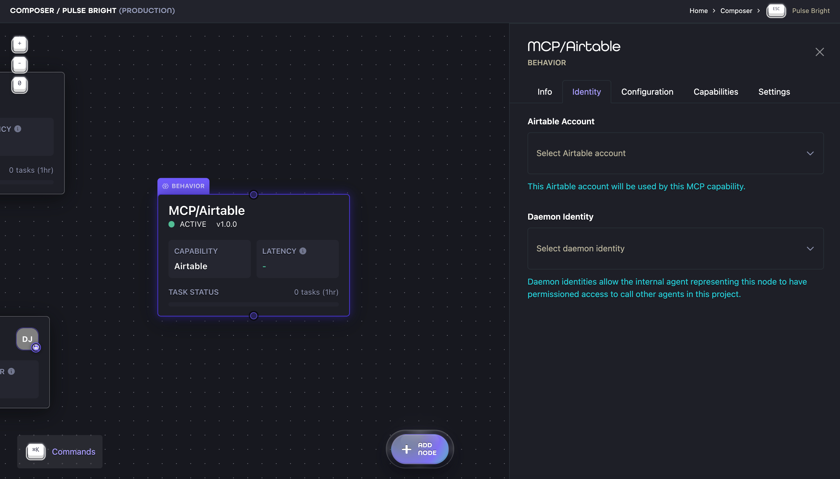Identity tab for an Airtable Behavior Ion showing separate Airtable account and Daemon Identity selectors