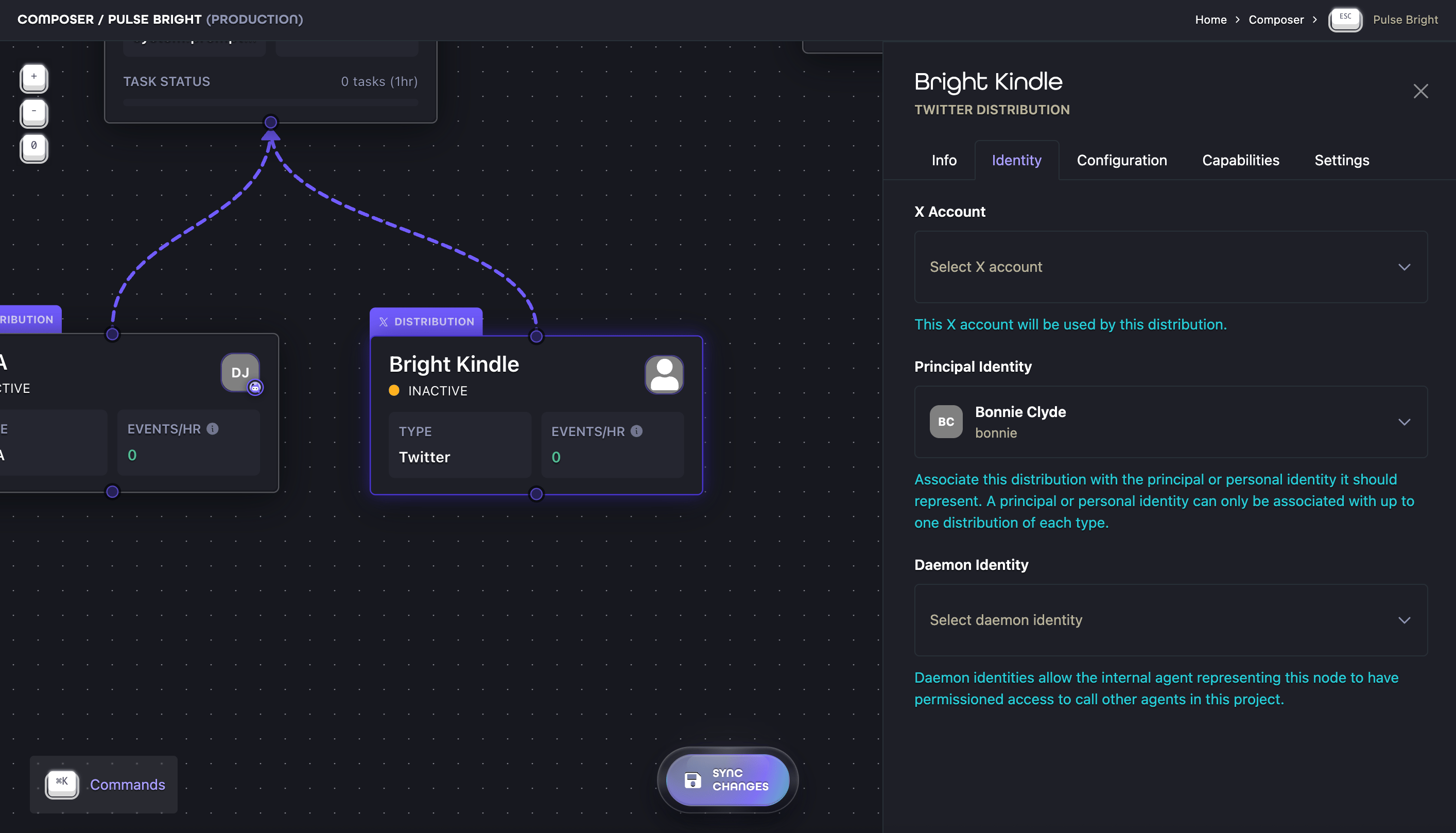 Composer showing the linked account, Principal Identity, and Daemon Identity for a Twitter Distribution Ion