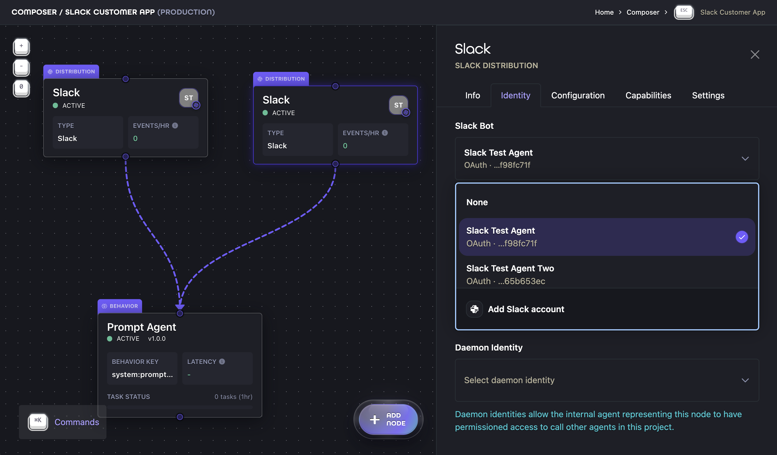 Composer Identity tab with Slack Test Agent selected as the Slack Bot for a Slack Distribution Ion