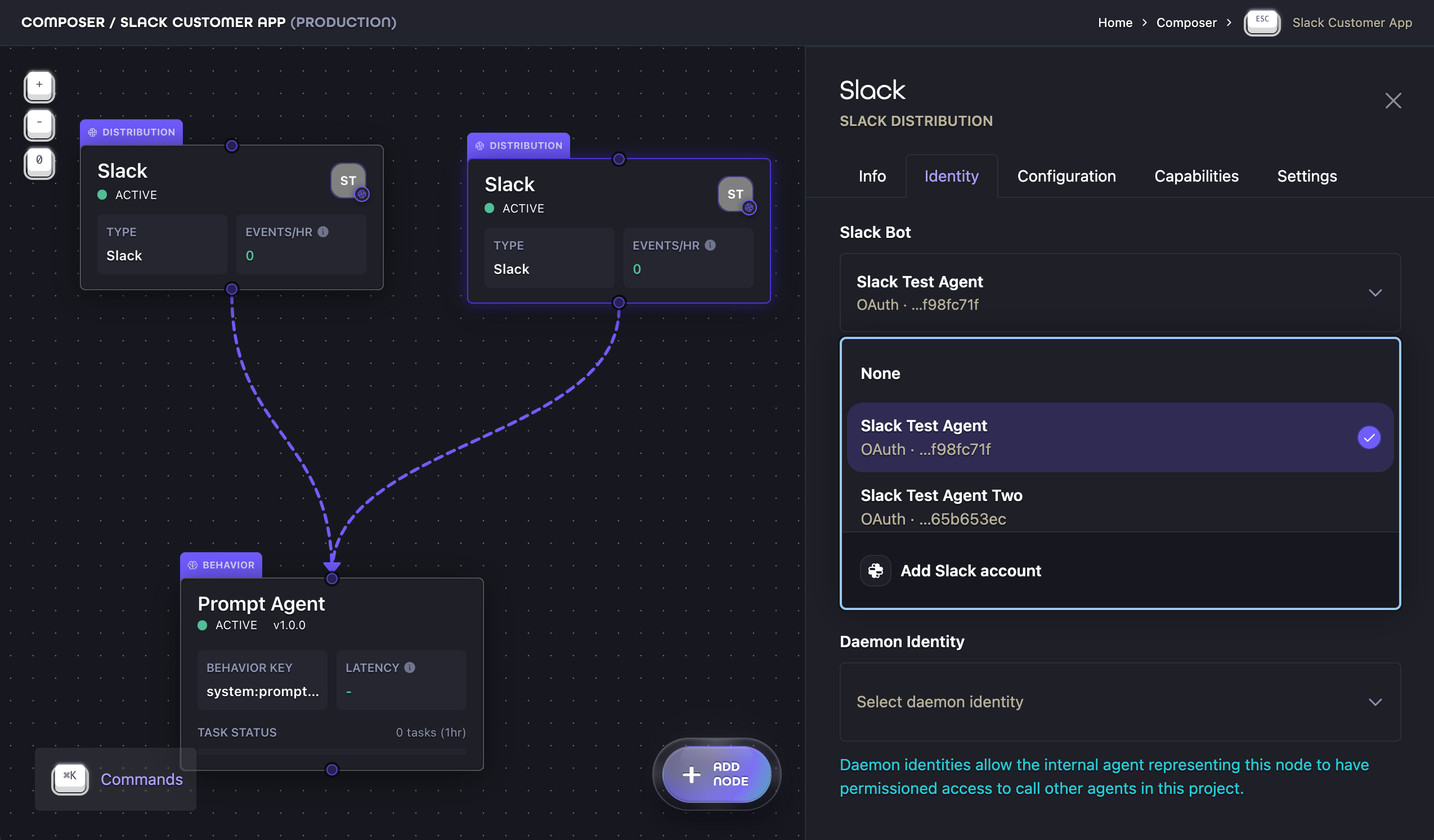 Composer Identity tab with Slack Test Agent selected as the Slack Bot for a Slack Distribution Ion