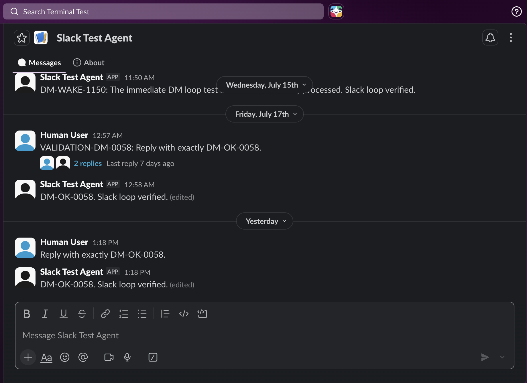 Slack direct message showing a user prompt followed by a reply from Slack Test Agent